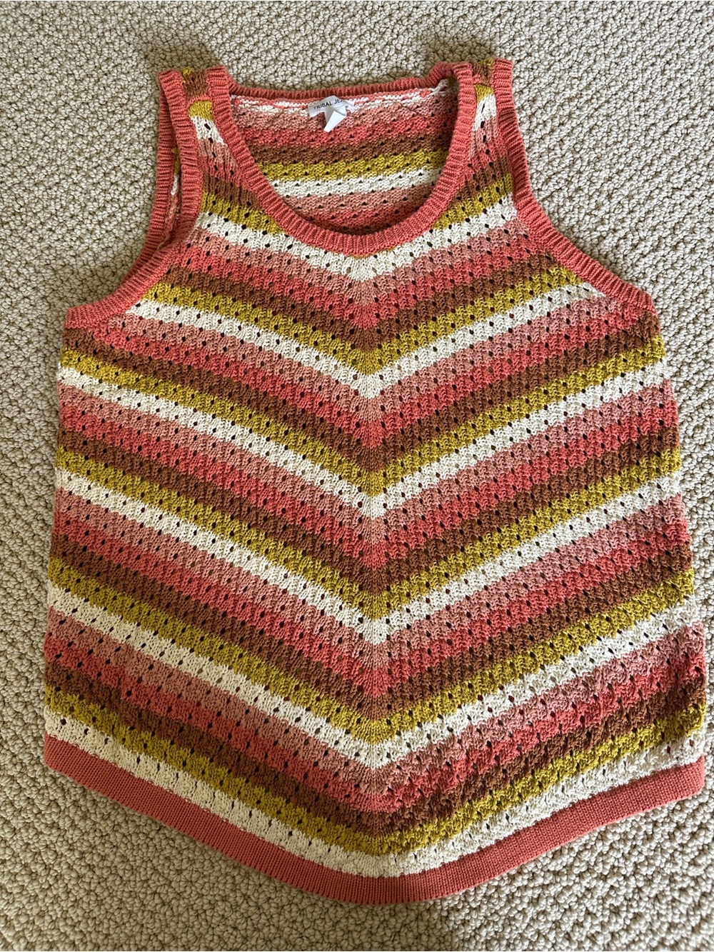 Tribal Crochet Stripe Tank Sweater in Coral, Olive, Cream, and Brown